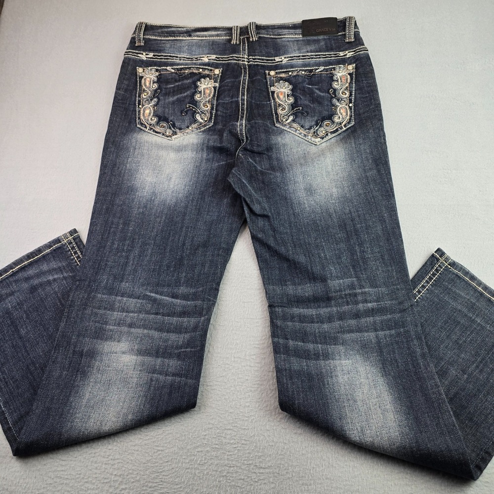 Grace in LA Dark Wash Embellished Straight Bootcut Jeans Size 17 Western Y2K